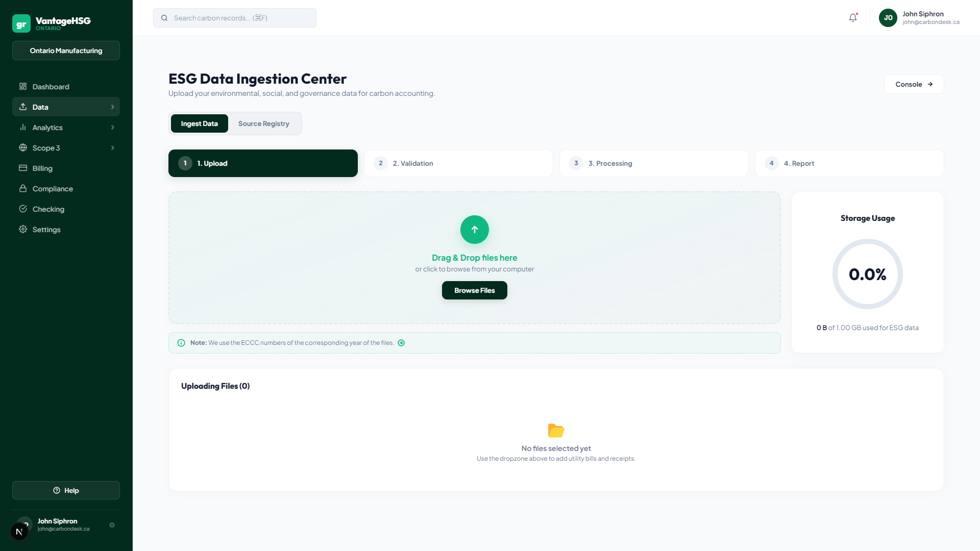VantageHSG ESG data ingestion center with upload dropzone and source registry